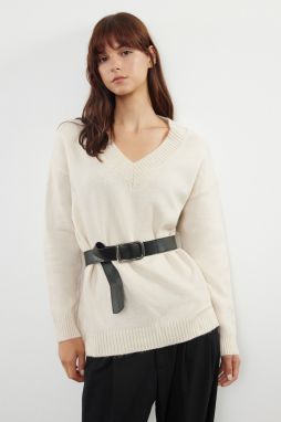 Trendyol Stone Belted Soft Textured Knitwear Sweater