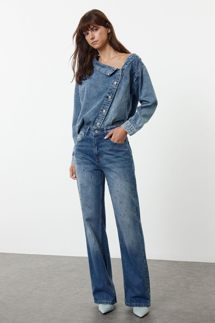 Trendyol Blue Stone Detailed High Waist Wide Leg Jeans