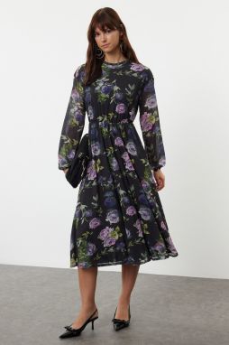 Trendyol Multicolored Floral Printed Foam Skater/Waist Opening Flexible High Neck Knitted Dress