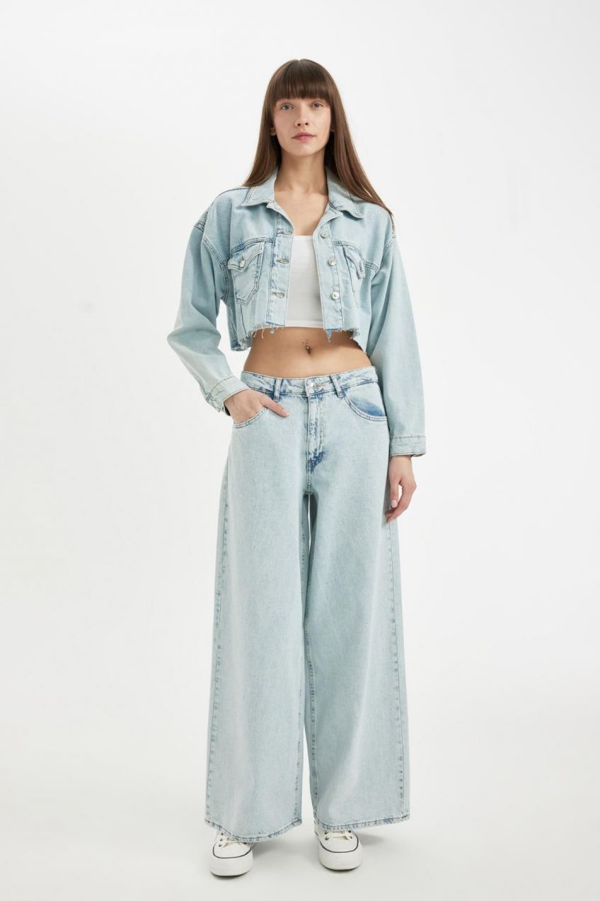 DEFACTO Palazzo High Waist Long Jean Washed Trousers