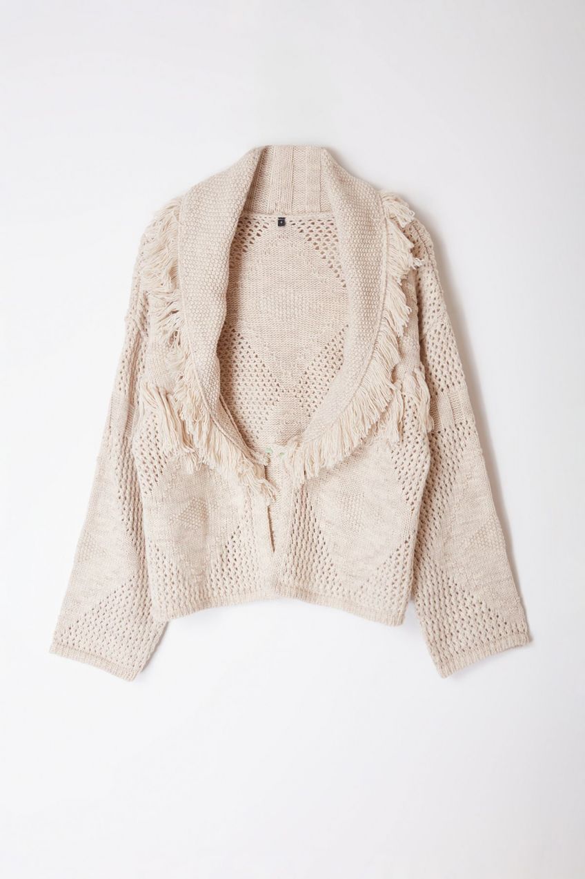 Trendyol Stone Wide Pattern Tassel Detailed Knitwear Cardigan