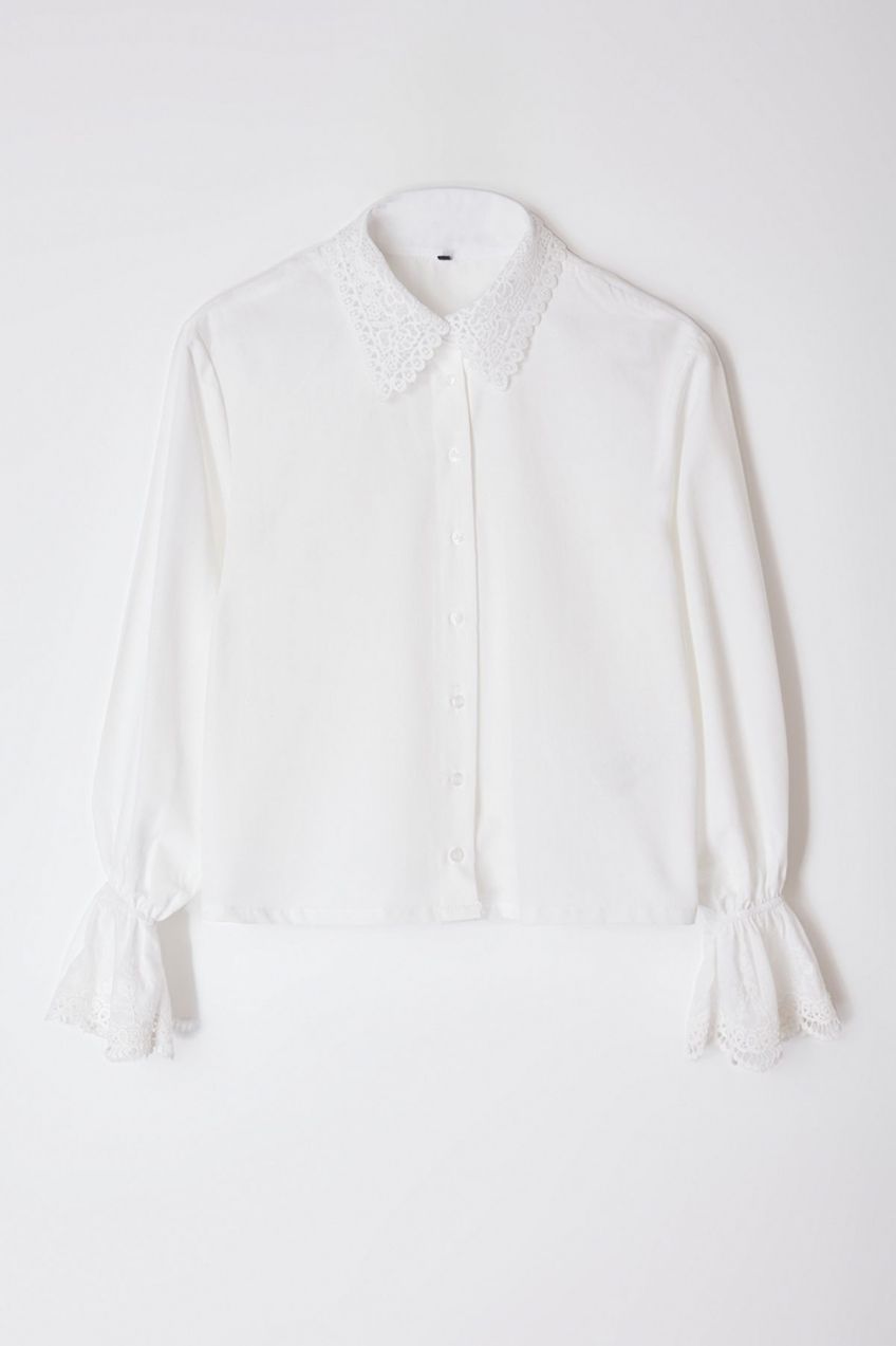 Trendyol Ecru Regular Fit Woven Shirt with Lace Detail on Sleeves and Collar