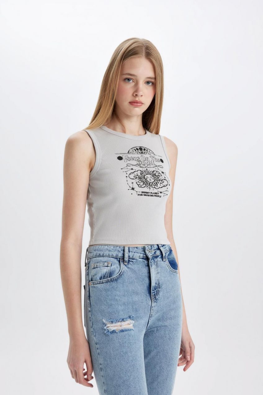 DEFACTO Fitted Printed Crew Neck Ribbed Camisole Athlete