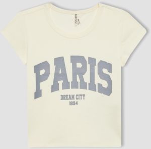 DEFACTO Girl's Slim Fit Ribbed Printed Short Sleeve T-Shirt