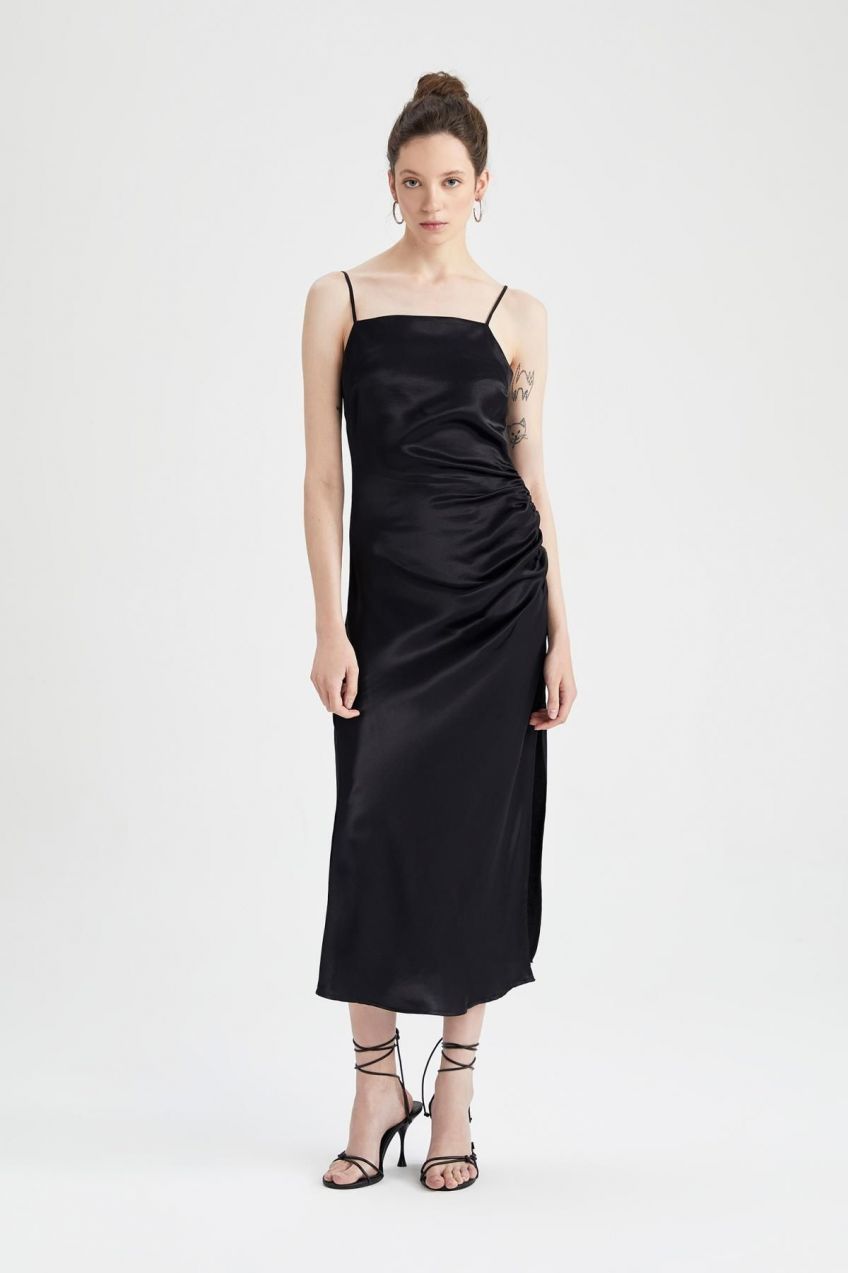 DEFACTO Bodycon Basic Strappy Black Satin Midi Dress