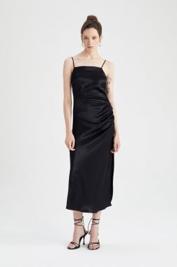 DEFACTO Bodycon Basic Strappy Black Satin Midi Dress