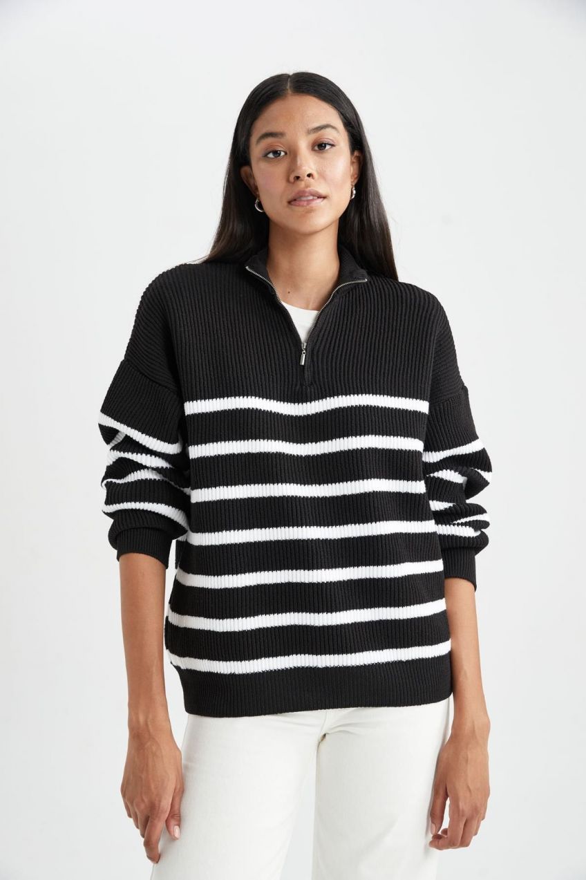 DEFACTO Regular Fit Striped Zippered Stand Collar Thessaloniki Fabric Sweater