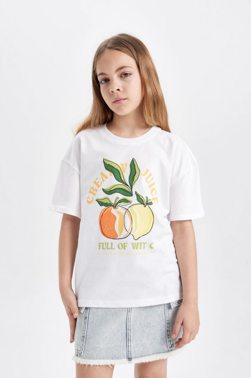 DEFACTO Girl's Relax Fit Printed Short Sleeve T-Shirt