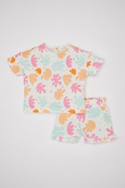 DEFACTO Baby Girl Patterned Waffle Short Sleeve T-Shirt Shorts 2-Piece Set