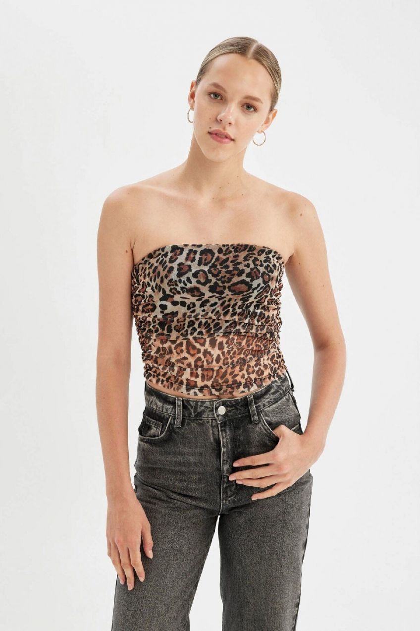 DEFACTO Leopard Patterned Strapless Tulle Blouse