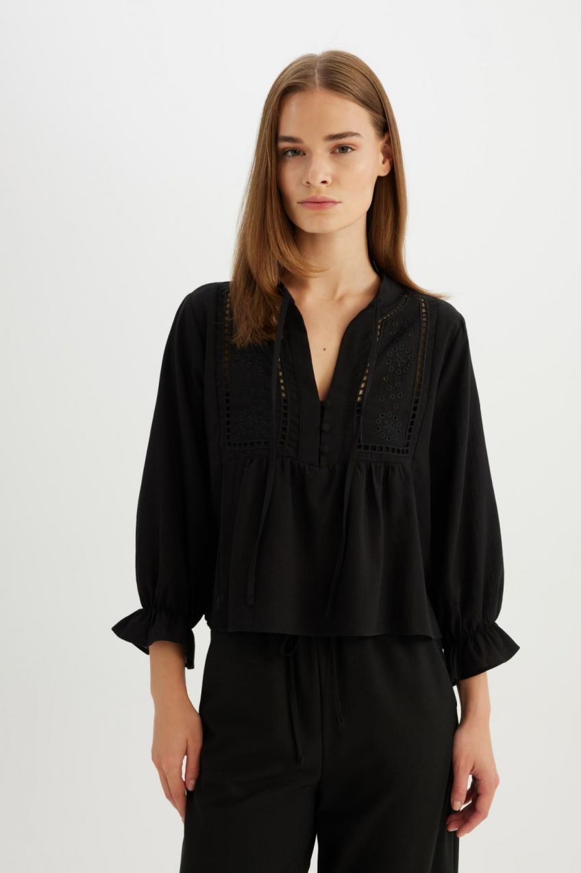 DEFACTO Regular Fit Crew Neck Embroidery Long Sleeve Blouse