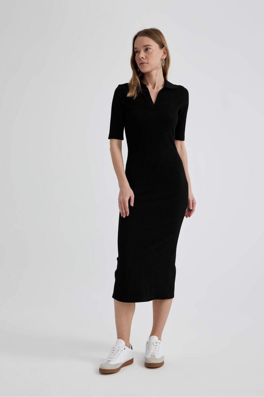 DEFACTO Bodycon Polo Neck Ribbed Camisole Midi Short Sleeve Dress