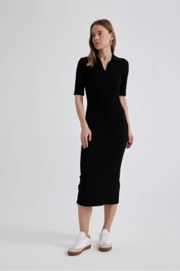 DEFACTO Bodycon Polo Neck Ribbed Camisole Midi Short Sleeve Dress