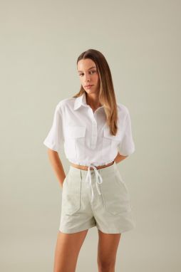 DEFACTO Crop Shirt Collar Linen Blend Short Sleeve Blouse