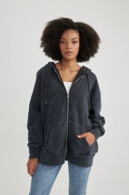 DEFACTO Oversize Fit Hooded Thick Fabric Washed Faded Effect Zippered Sweatshirt