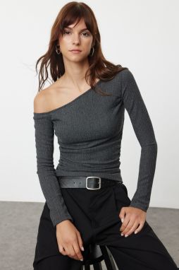 Trendyol Anthracite Textured Asymmetric Gathered Boat Neck Fitted Knitted Blouse
