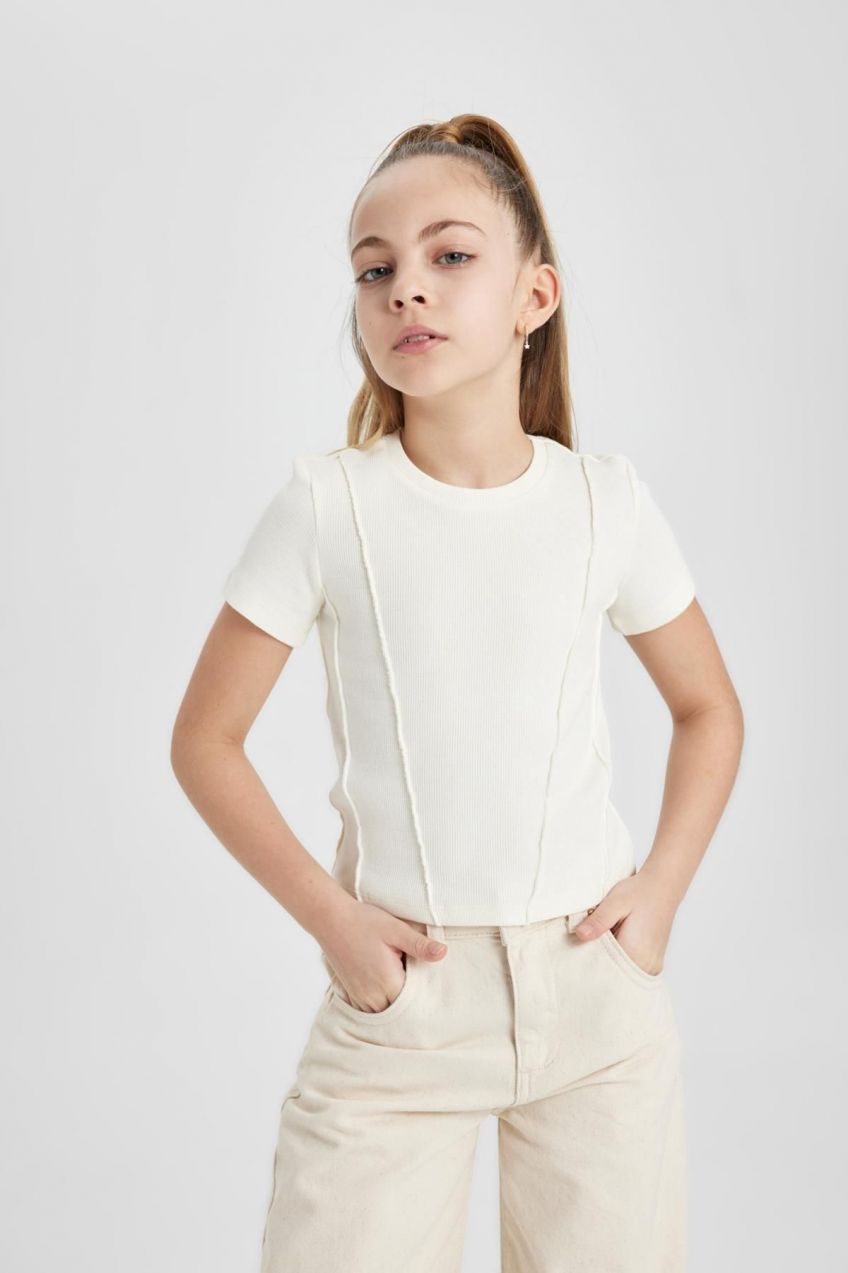 DEFACTO Girl's Slim Fit Ribbed Short Sleeve T-Shirt
