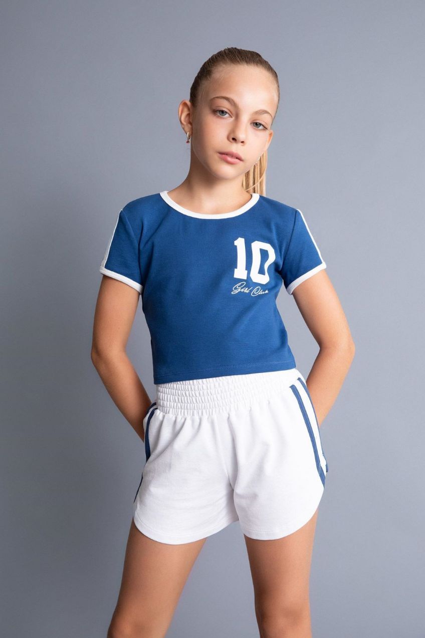 DEFACTO Girl's Crop Crew Neck Printed Ribbed Short Sleeve T-Shirt