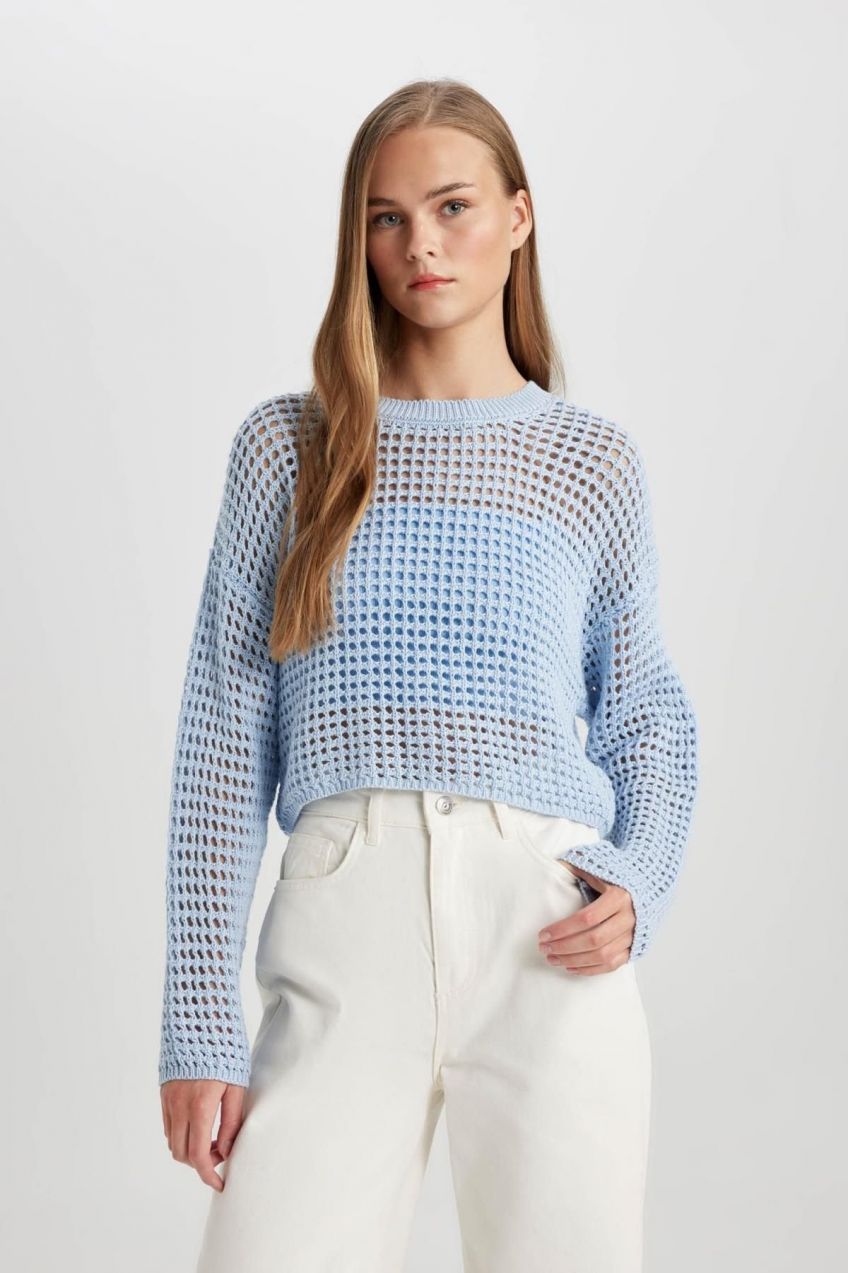 DEFACTO Regular Fit Crew Neck Crochet Sweater