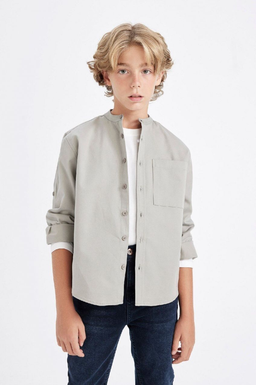 DEFACTO Boy Oversize Fit Stand Collar Twill Long Sleeve Shirt