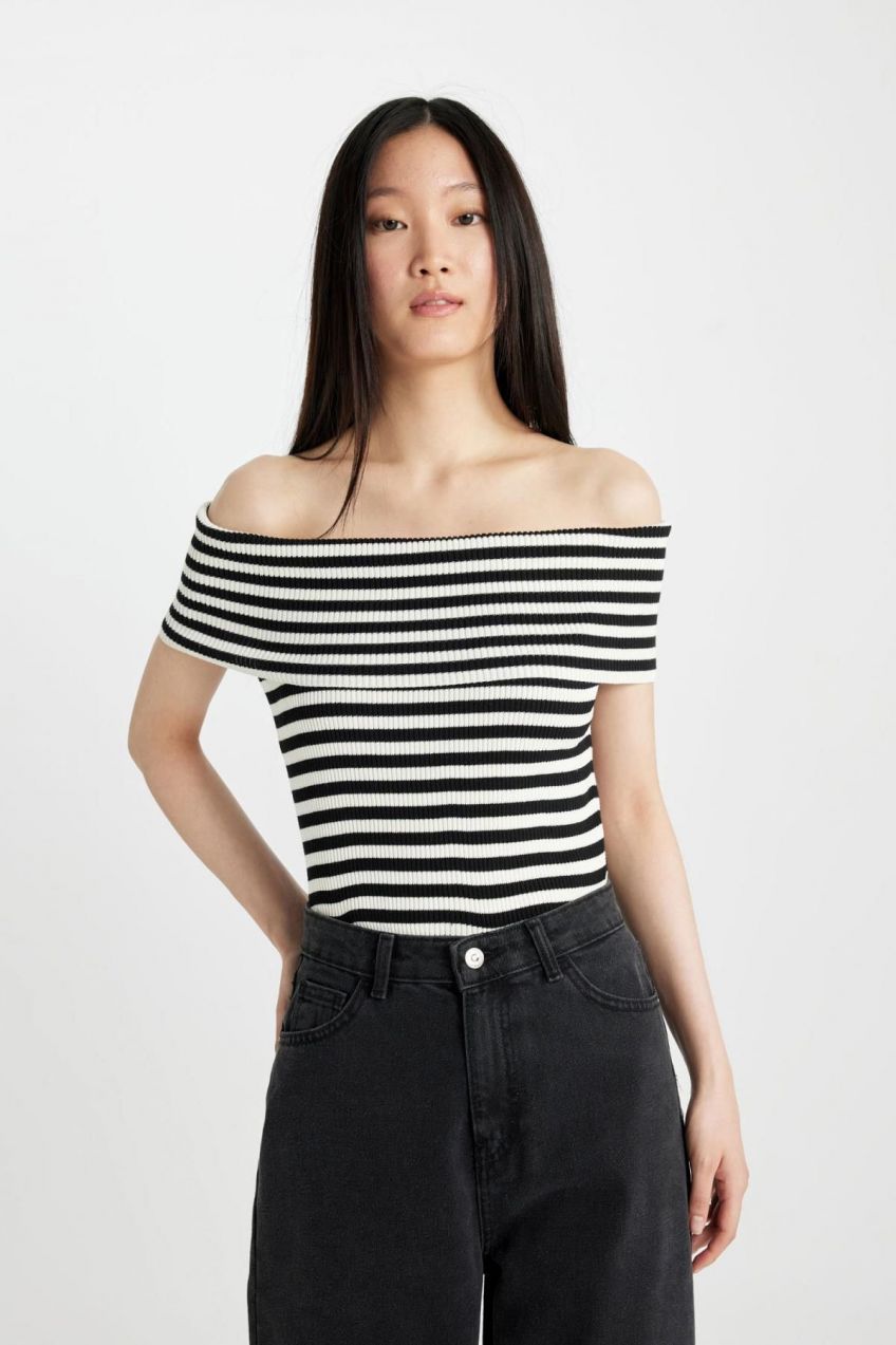 DEFACTO Fitted Striped Open Shoulder Knitwear T-Shirt