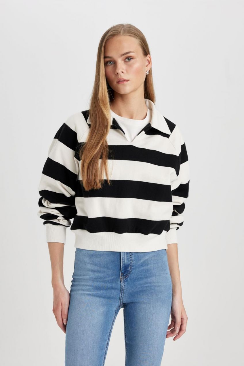 DEFACTO Crop Polo Neck Striped Thick Fabric Sweatshirt