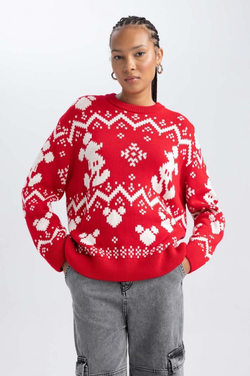 DEFACTO Disney Mickey & Minnie Christmas Themed Crew Neck Sweater