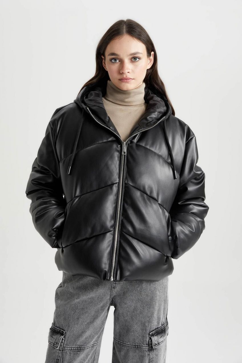 DEFACTO Waterproof Hooded Faux Leather Puffer Jacket