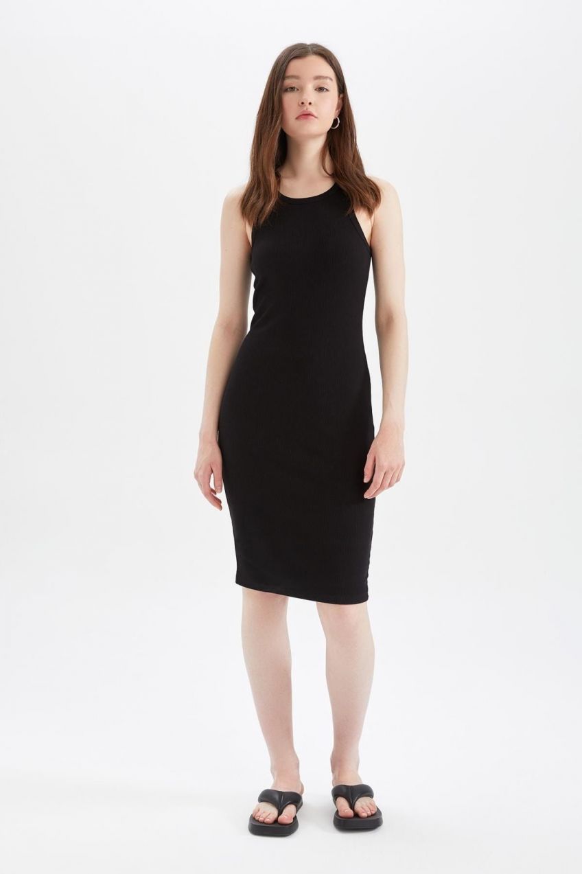 DEFACTO Bodycon Basic Barbell Collar Cotton Midi Dress