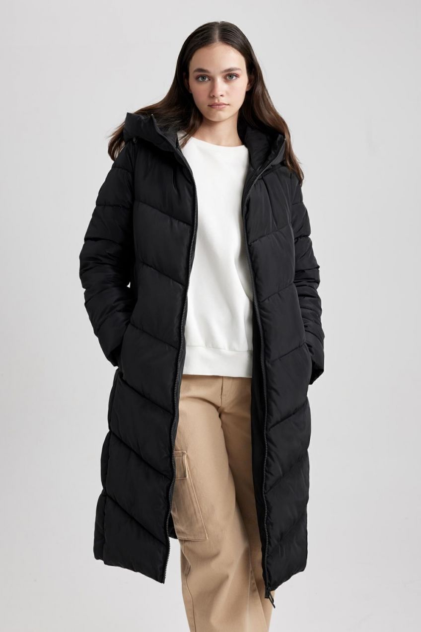 DEFACTO Waterproof Hooded Puffer Long Down Coat Parka