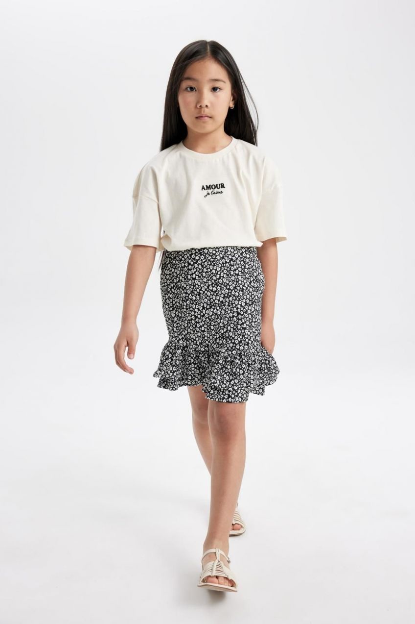 DEFACTO Girl's Printed Short Sleeve T-shirt Skirt 2-Piece Set
