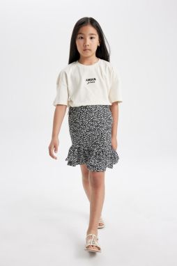 DEFACTO Girl's Printed Short Sleeve T-shirt Skirt 2-Piece Set
