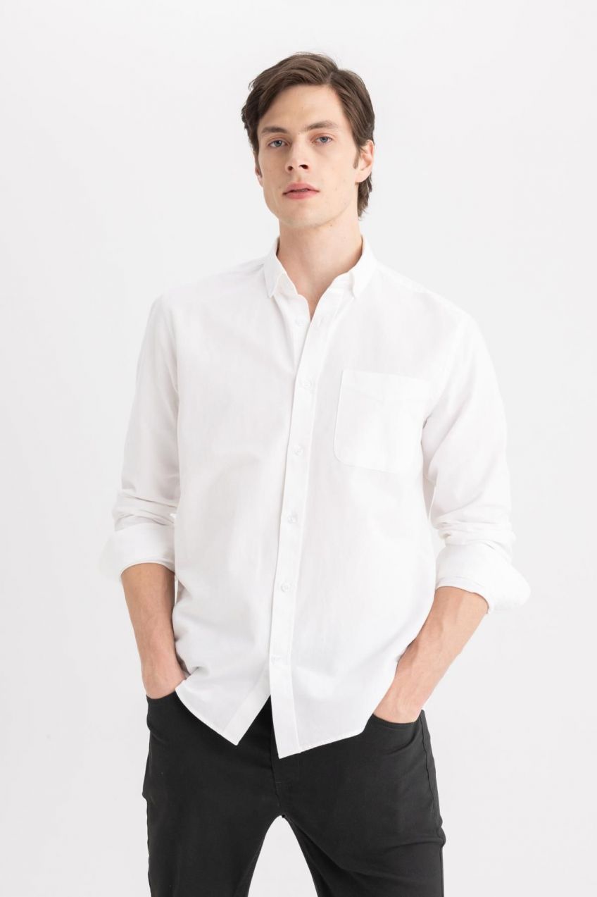 DEFACTO Regular Fit Polo Neck Oxford Long Sleeve Shirt
