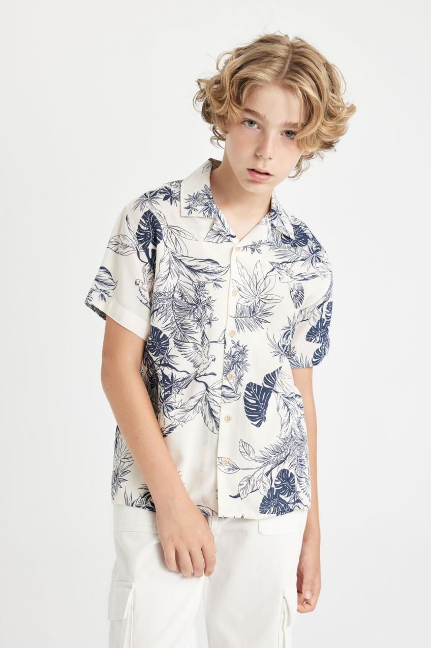 DEFACTO Boy's Polo Collar Patterned Viscose Short Sleeve Shirt