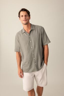 DEFACTO Relax Fit Polo Neck Striped Linen Short Sleeve Shirt