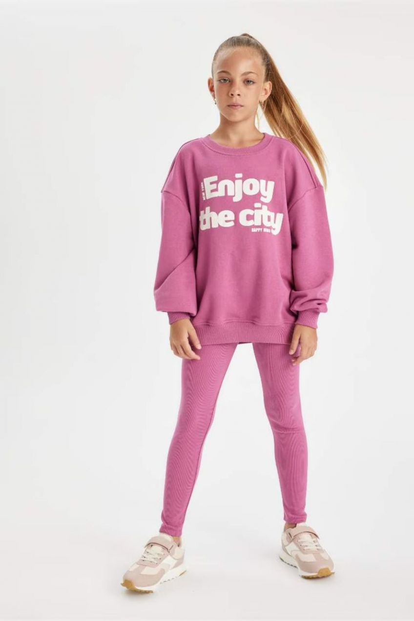 DEFACTO Girl Printed Sweatshirt Tights 2-Piece Set