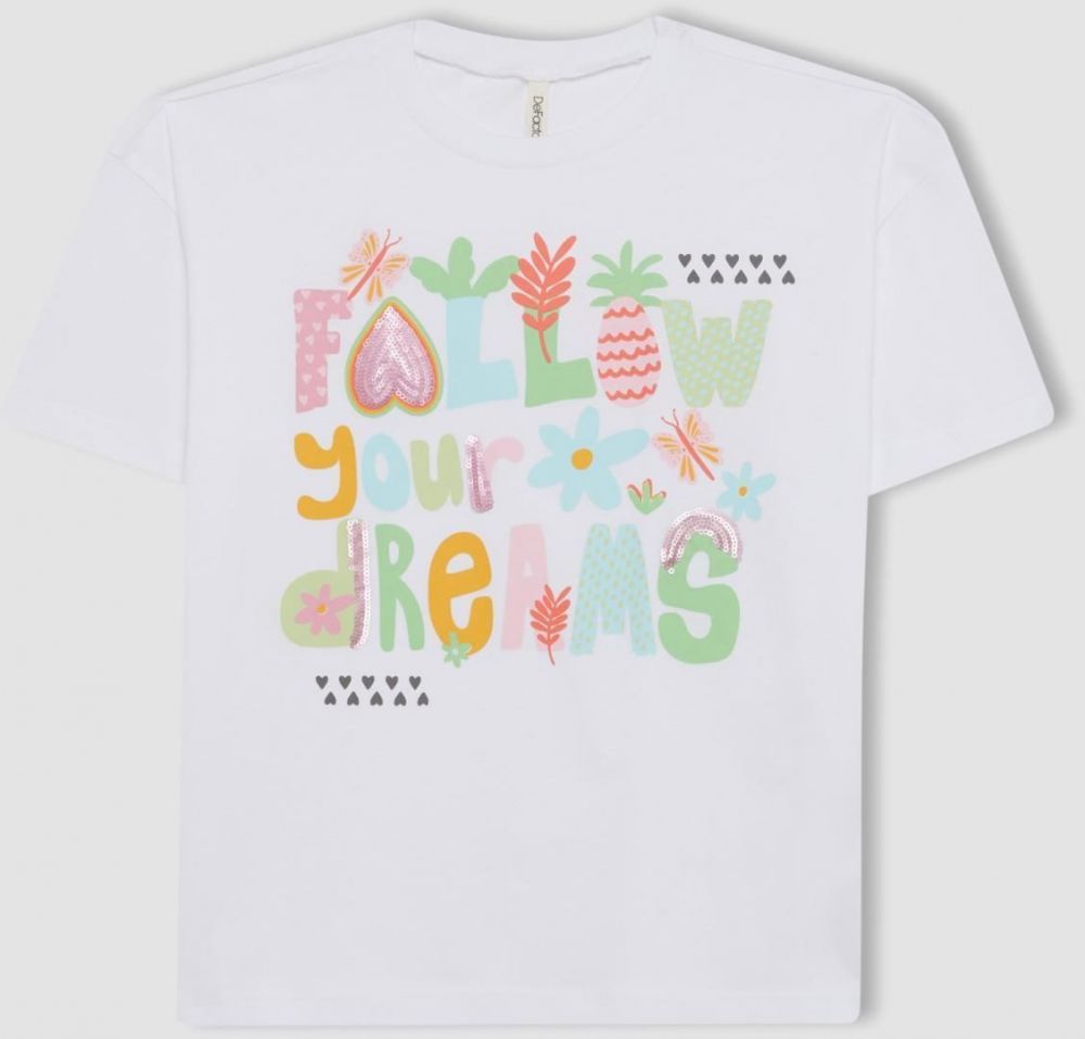 DEFACTO Girl's Oversize Fit Crew Neck Short Sleeve T-Shirt