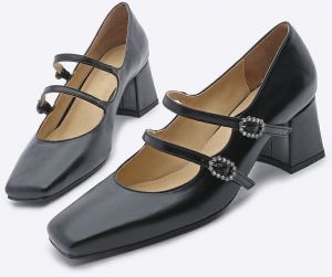 Marjin Women's Double Strap Stone Classic High Heeled Shoe Pelanda Black