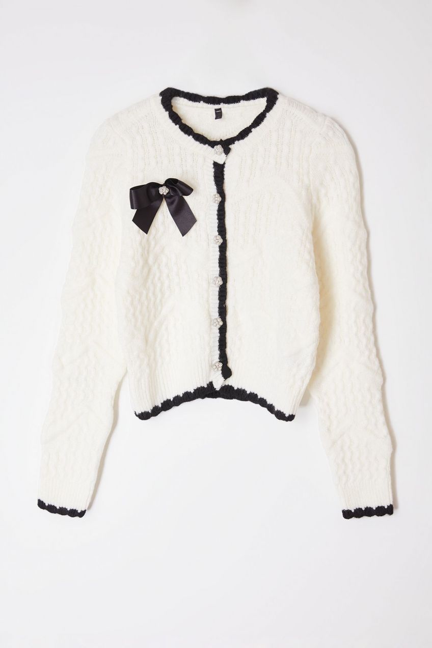 Trendyol Ecru Ribbon Detailed Beaded Knitted Cardigan