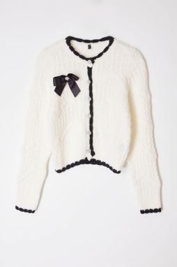 Trendyol Ecru Ribbon Detailed Beaded Knitted Cardigan