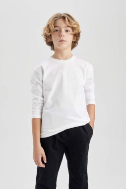 DEFACTO Boy's White Crew Neck Combed Cotton Long Sleeve School T-Shirt
