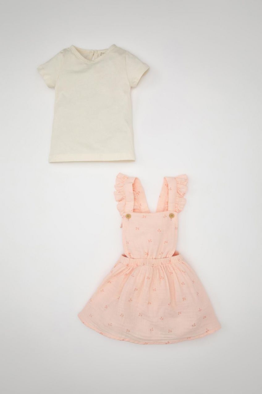 DEFACTO Baby Girl Short Sleeve T-Shirt Muslin Floral Dress 2 Piece Set