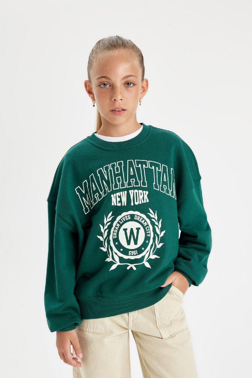 DEFACTO Girls Oversize Fit Crew Neck Printed School Sweatshirt
