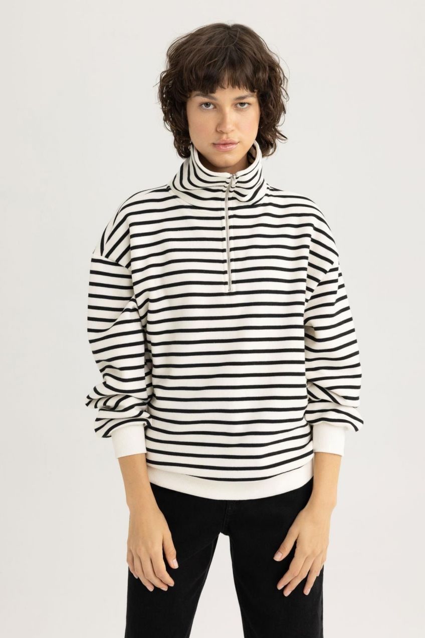 DEFACTO Standard Fit Striped Half Zipper Sweatshirt