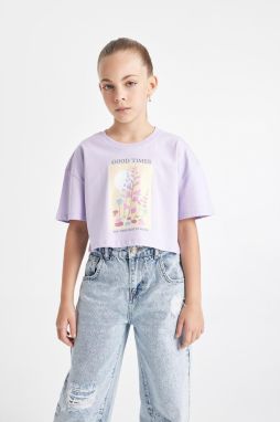 DEFACTO Girl's Crop Crew Neck Printed Short Sleeve T-Shirt