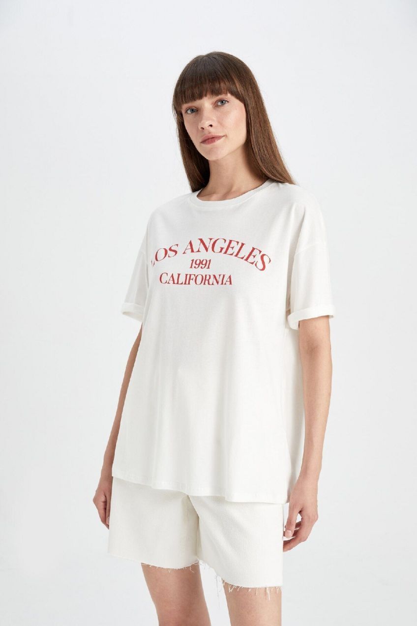 DEFACTO Oversize Fit Crew Neck Printed Combed Cotton Short Sleeve T-Shirt