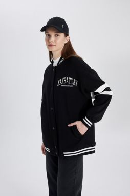 DEFACTO College Collar Embroidered Soft Fuzzy Inside Thick Bomber Cardigan