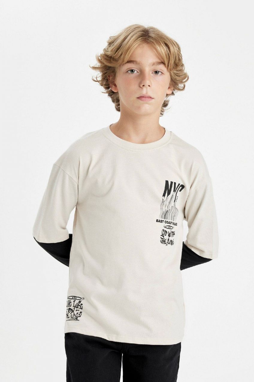 DEFACTO Boy's Crew Neck Printed Long Sleeve T-Shirt