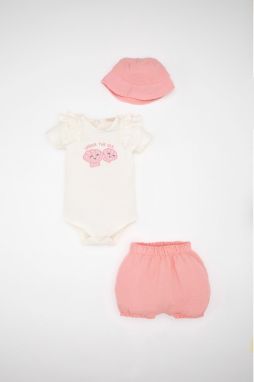 DEFACTO Baby Girl Printed Short Sleeve Snap-On Body Shorts Hat Muslin 3-Piece Set