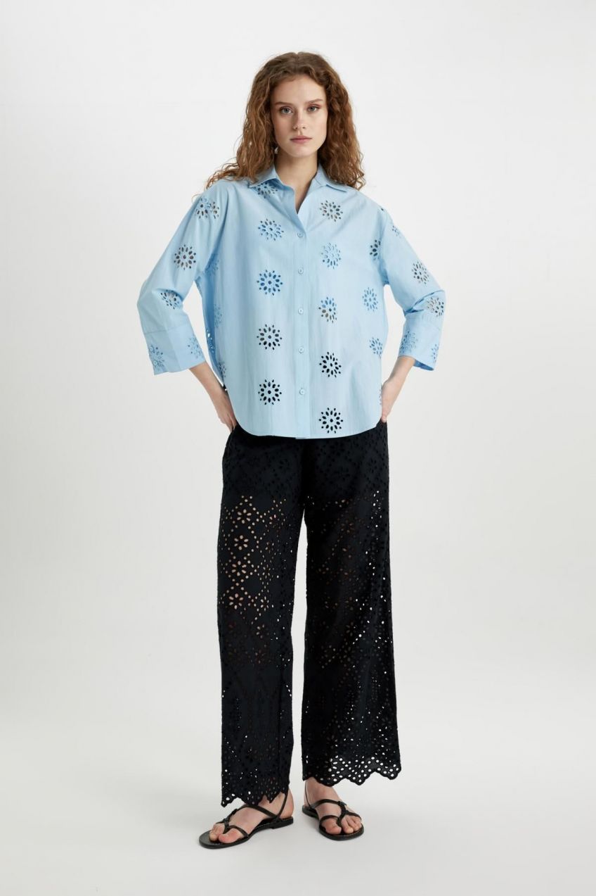 DEFACTO Wide Leg Pocket High Waist Wide Leg Long Length Embroidery Trousers
